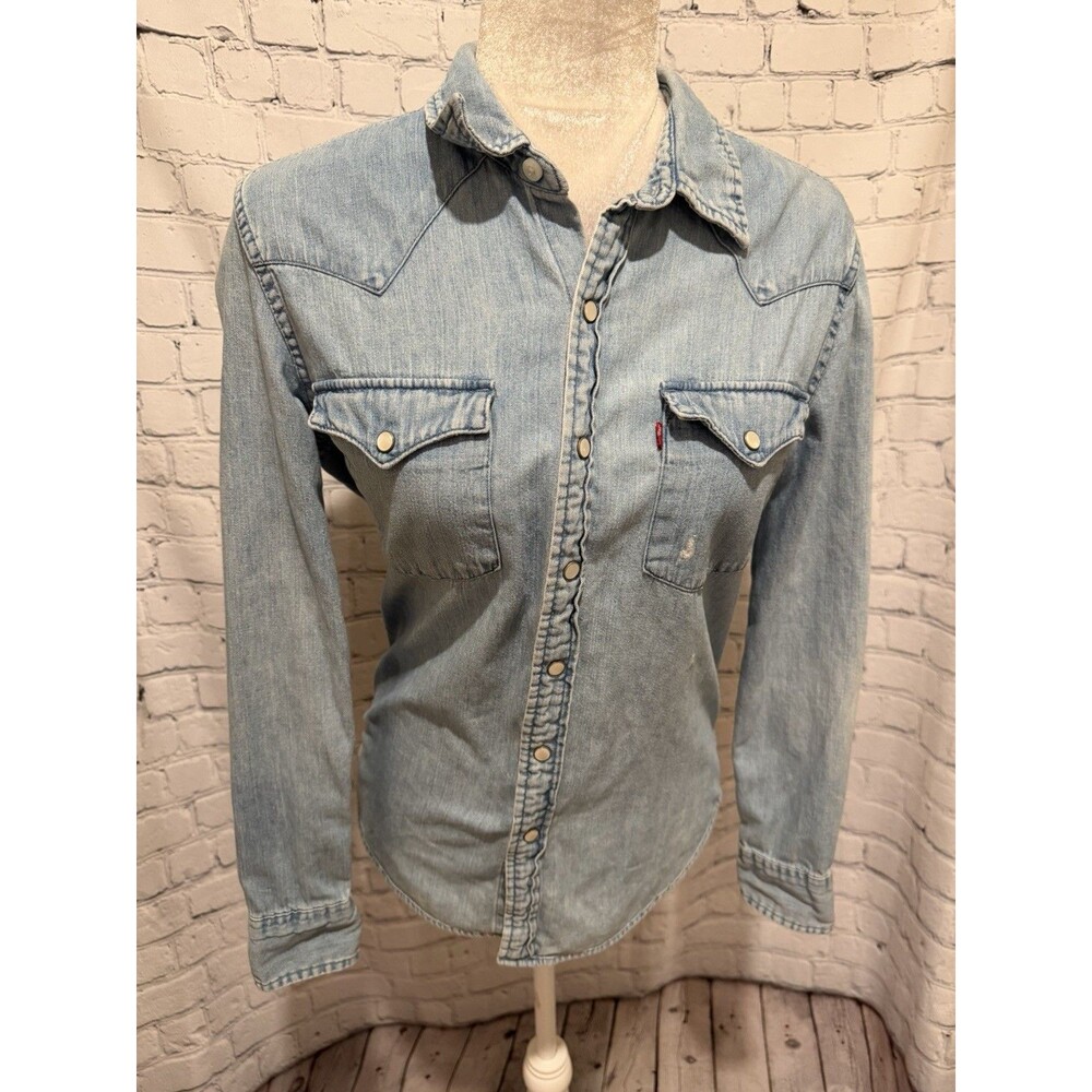 Levi's Denim Western Shirt Pearl Snap Distressed Medium Wash Classic Small